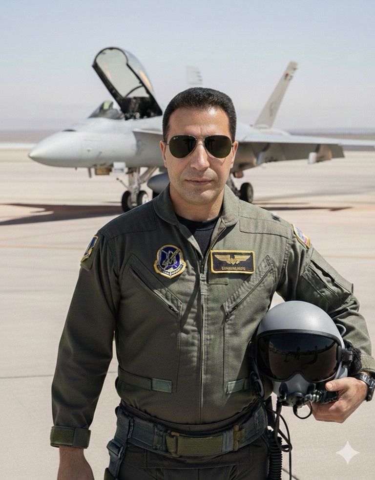 Fereidoun Khalilian in flight suit beside F/A-18 Super Hornet — official military portrait