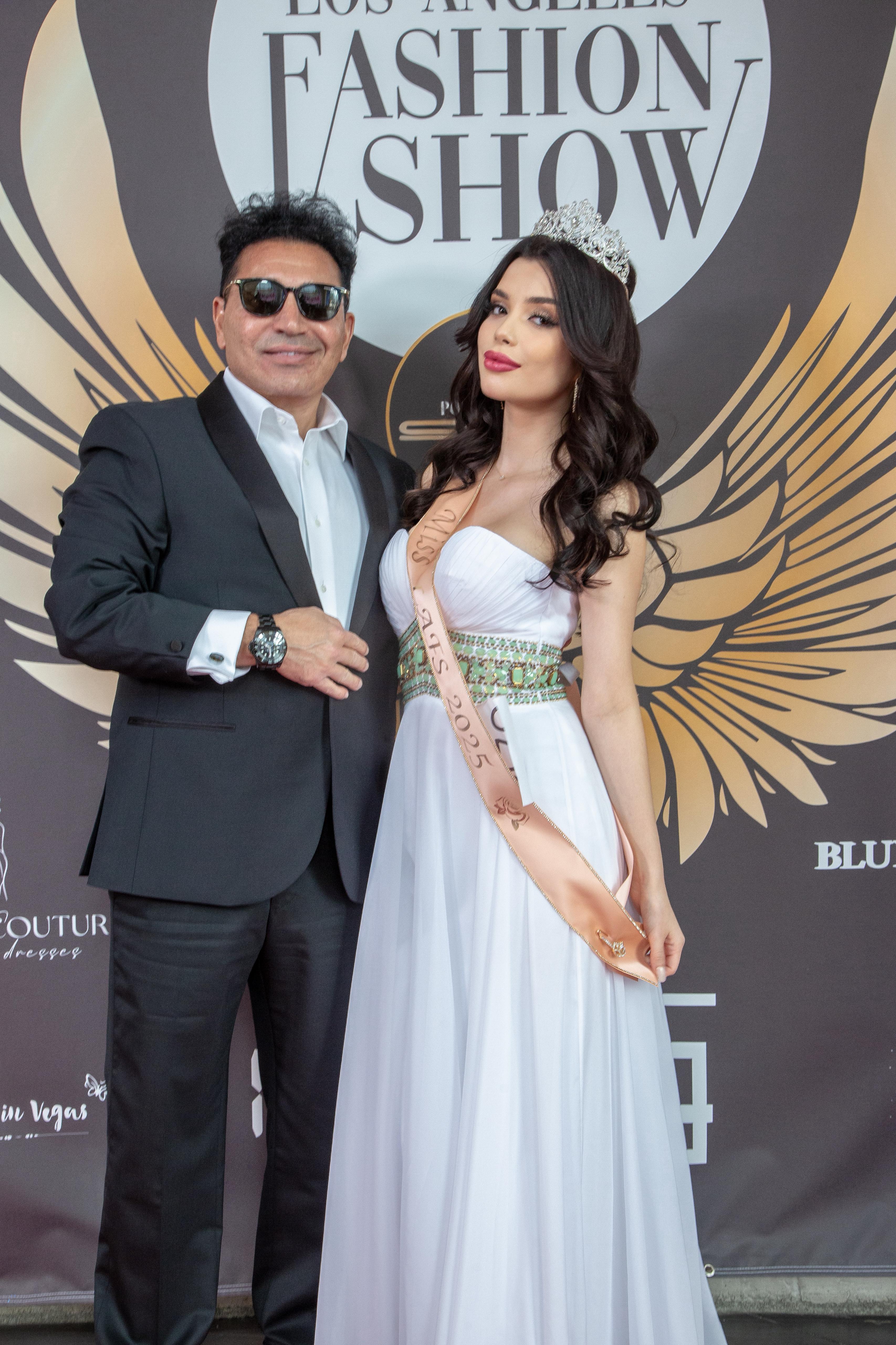 Fred Khalilian at Los Angeles Fashion Show with beauty queen — red carpet
