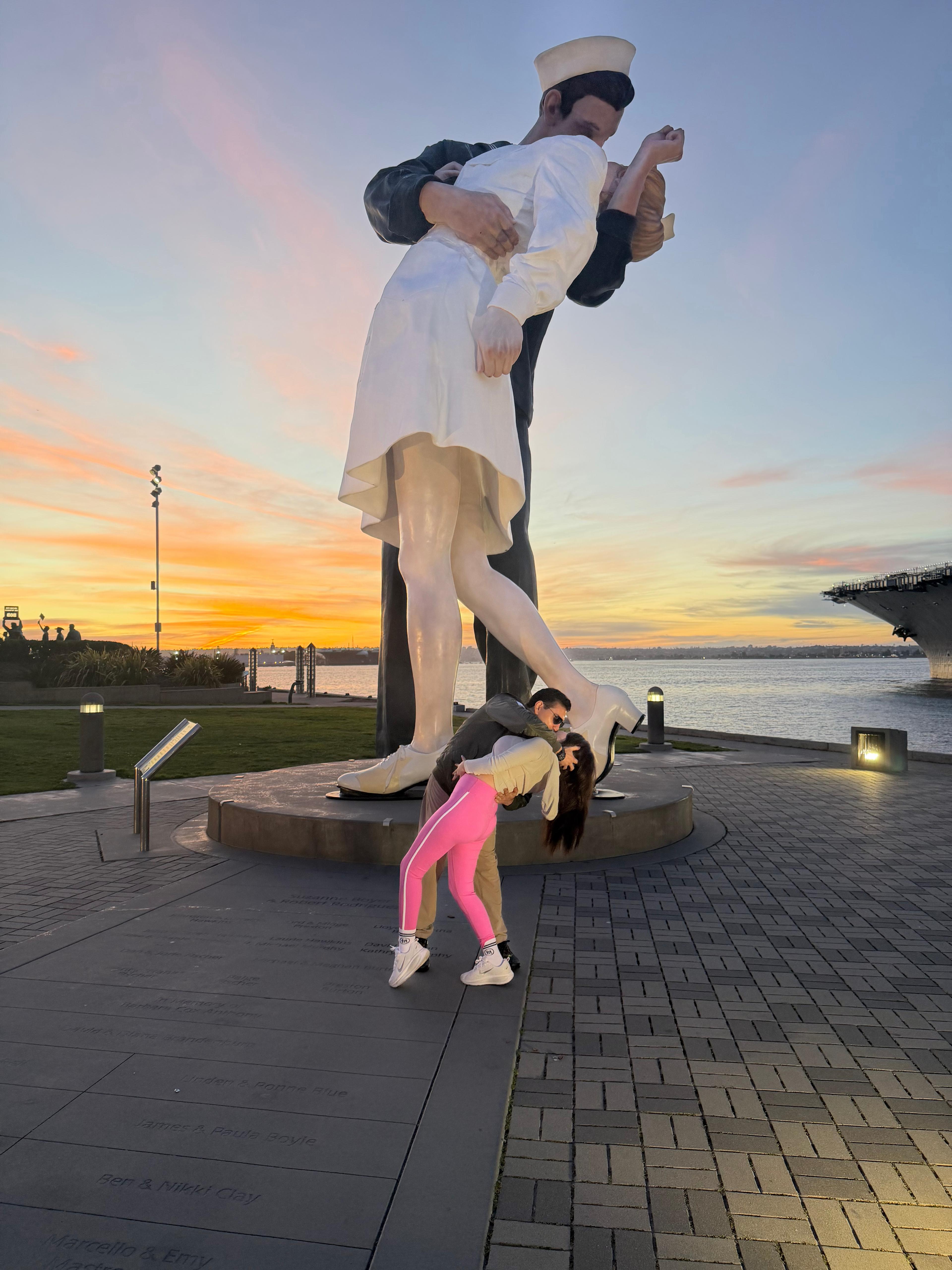 Fred Khalilian at "Unconditional Surrender" statue San Diego — sunset after Top Gun event